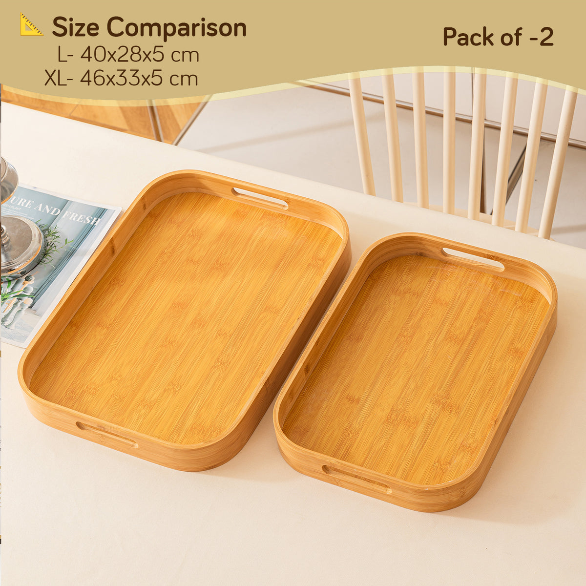 Round Edge Bamboo Wooden Serving Tray Set with Handles