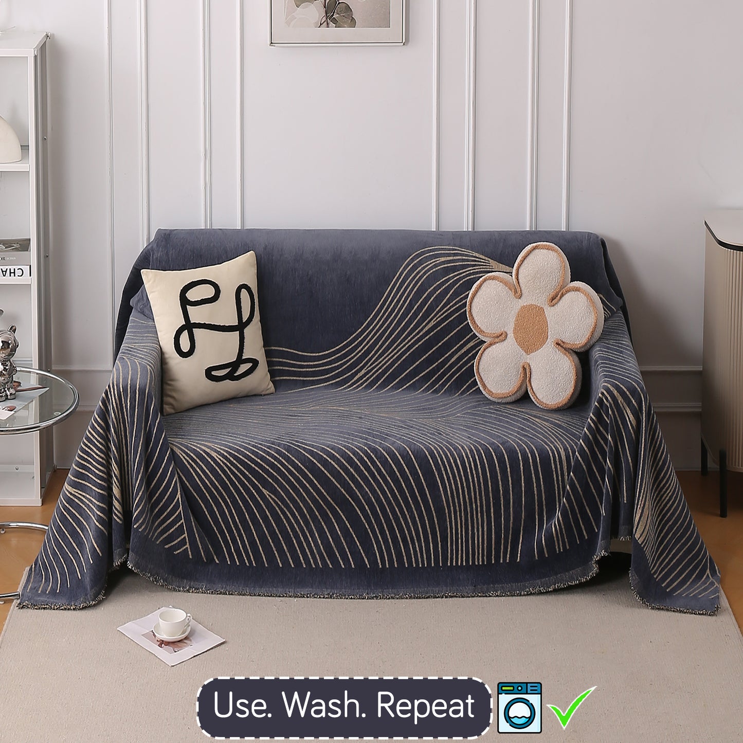 WaveLoom Collection Printed Chenille Sofa Cover Throw Blanket, Dark Grey