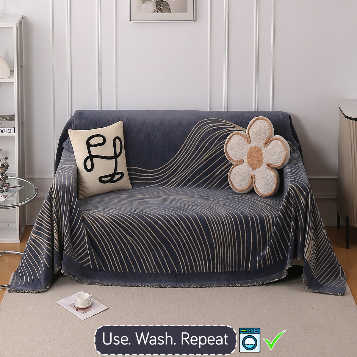 Buy Dark Grey Colour WaveLoom Chenille Two Seater Sofa Throw | HOKIPO