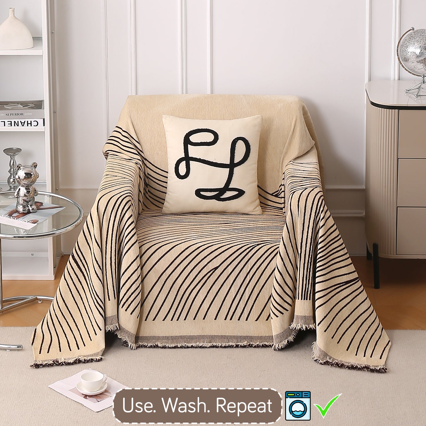 WaveLoom Collection Printed Chenille Sofa Cover Throw Blanket, Brown