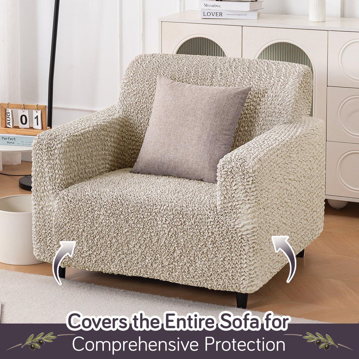 Italian Belissia Luxe Series' Super Stretchable Microfiber 1/2/3 Seater Sofa Cover, Snow Cream