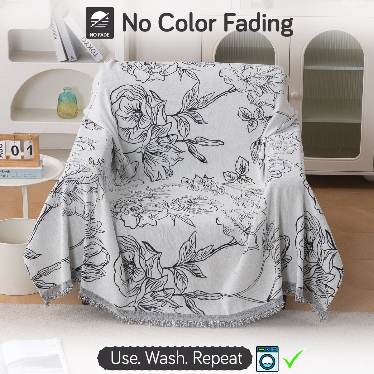 Buy Premium & Stylish White Rose Garden Serene Abode Chenille Single Seater Sofa Throw | HOKIPO