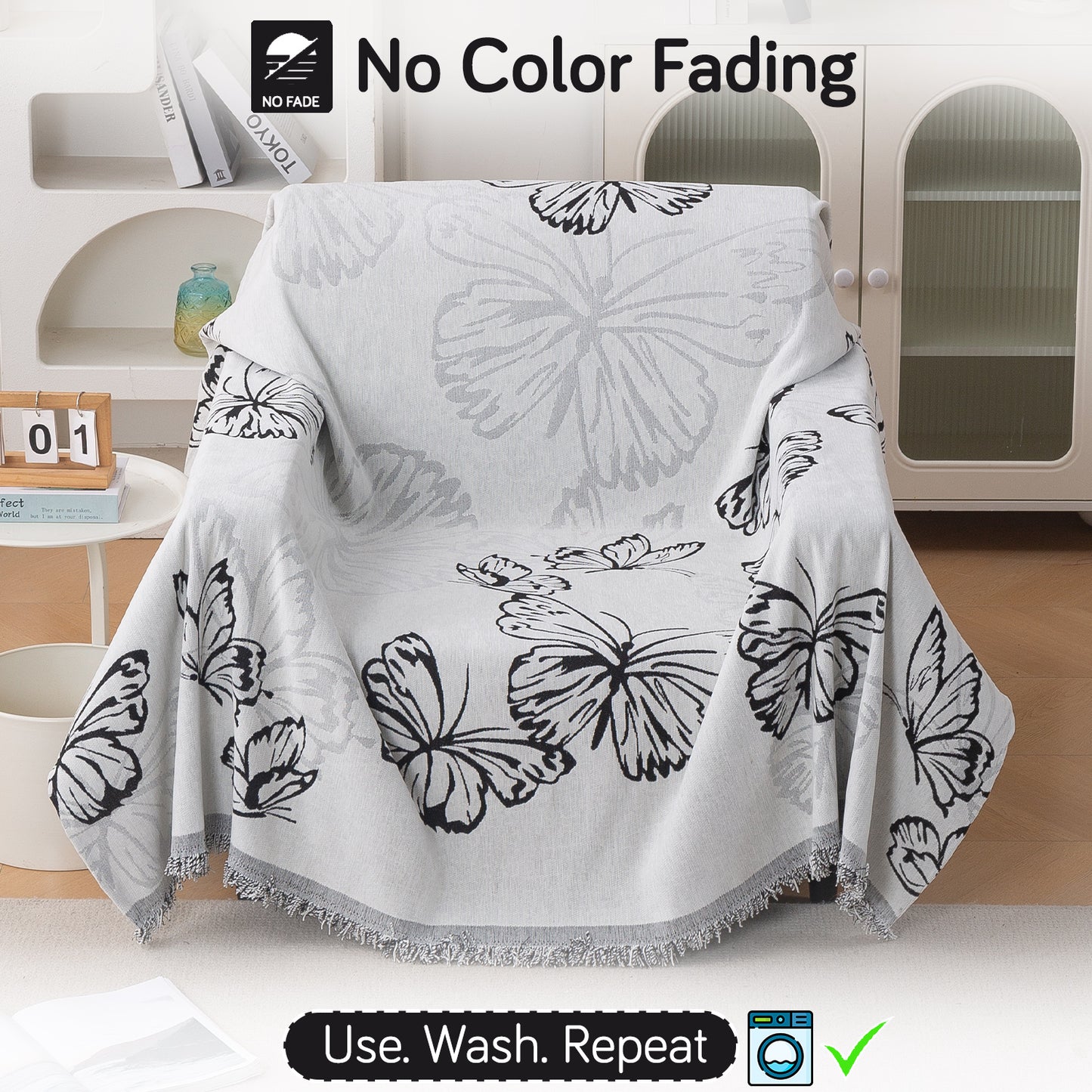 Premium 320 GSM Chenille Sofa Cover Throw All Season 'Serene Abode Series', Monochrome Butterfly