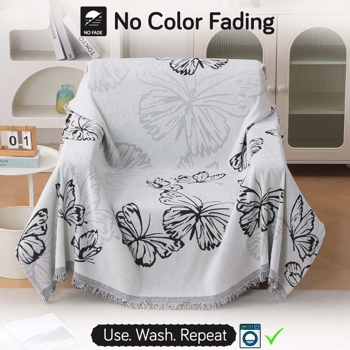 Buy Monochrome Butterfly Serene Abode Chenille 1 Seater Sofa Throw | HOKIPO