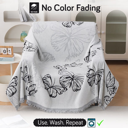 Premium 320 GSM Chenille Sofa Cover Throw All Season 'Serene Abode Series', Monochrome Butterfly