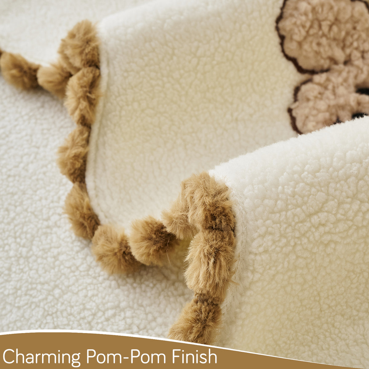 CloudHug Plush Sofa Cover Mat with PomPom and Wavy Edges, Ivory Cream