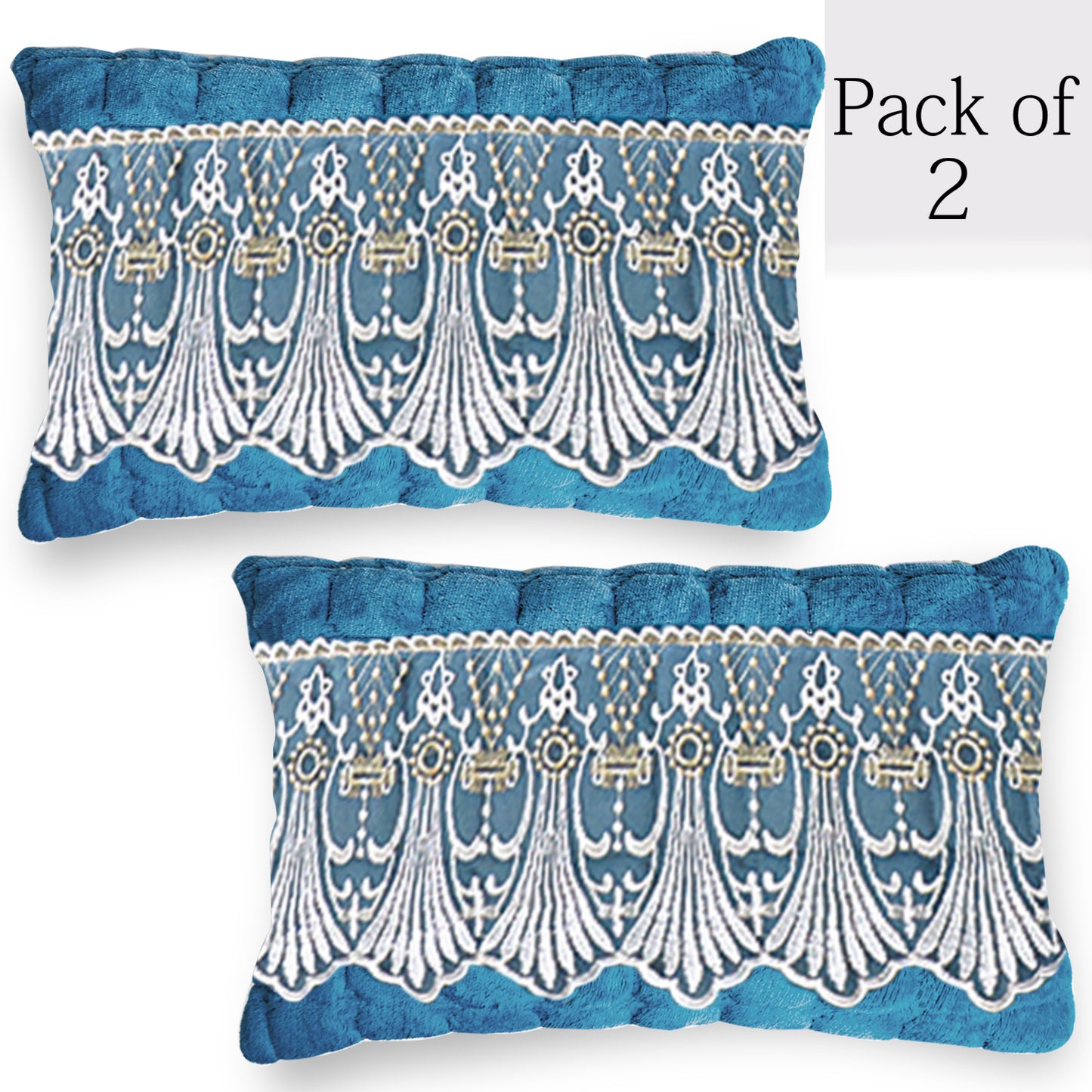 Premium Milk Velvet Sofa Cushion Cover with Lace Design, Celdaon Blue