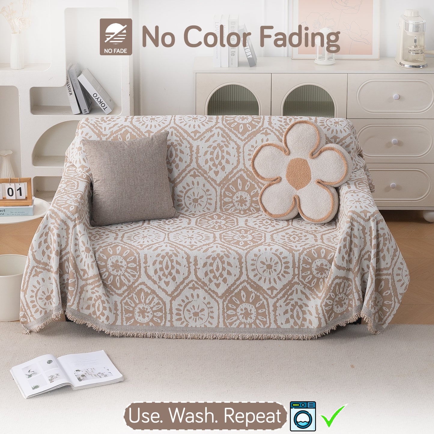 Premium 320 GSM Chenille Sofa Cover Throw All Season 'Serene Abode Series', Boho Floral Tile