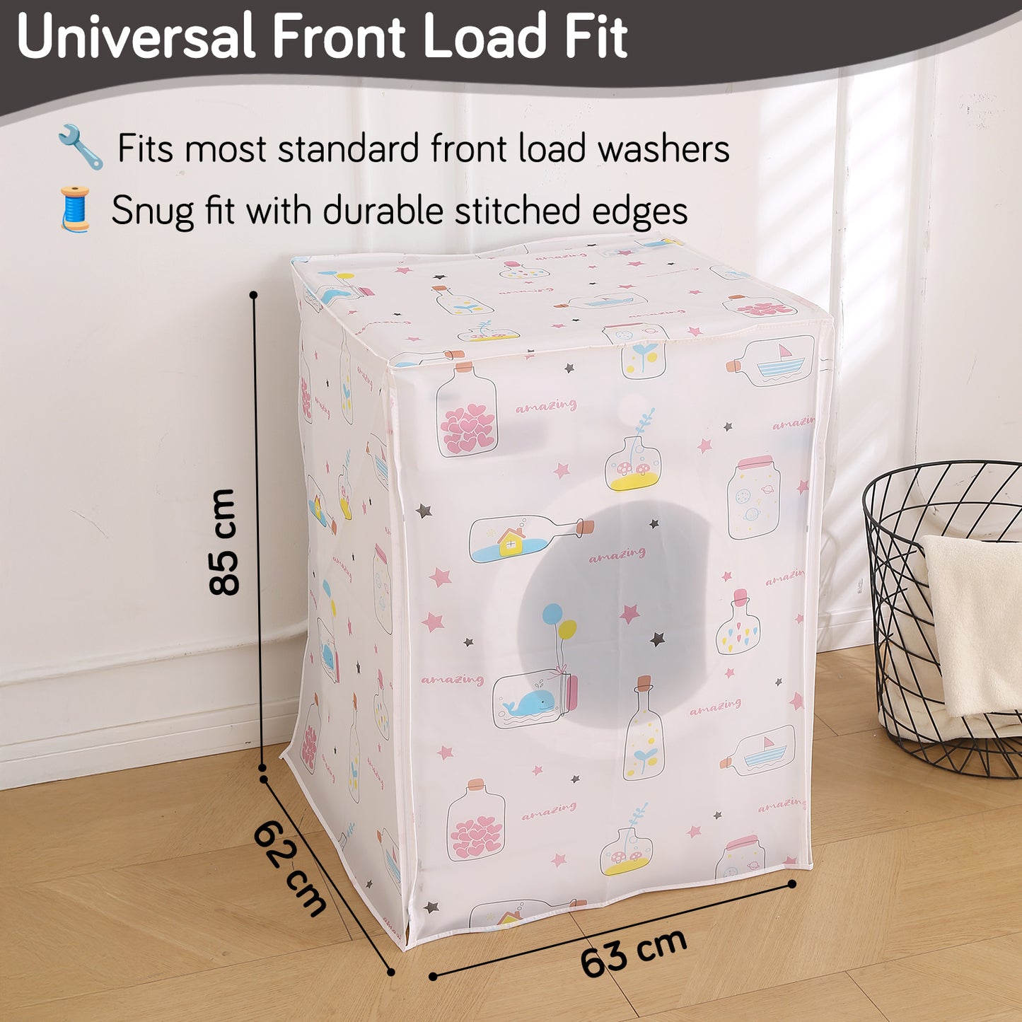 Waterproof Front Load / Top Load Washing Machine Cover | PEVA Dustproof Protective Cover for 6kg, 6.5kg, 7kg & 7.5kg Fully Automatic Machines, Whimsical Bottles