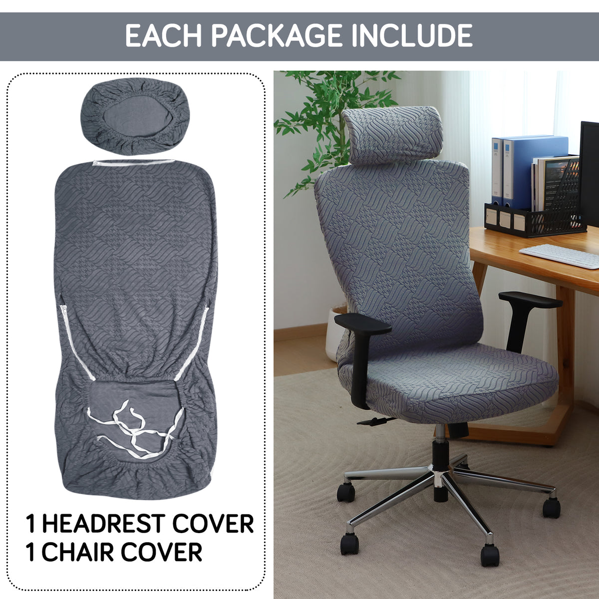 Office Chair Cover with Headrest (High-Back) – 170 GSM Stretch Jacquard – Washable, Anti-Slip Fit for Ergonomic Mesh Office Chairs, Dark Grey