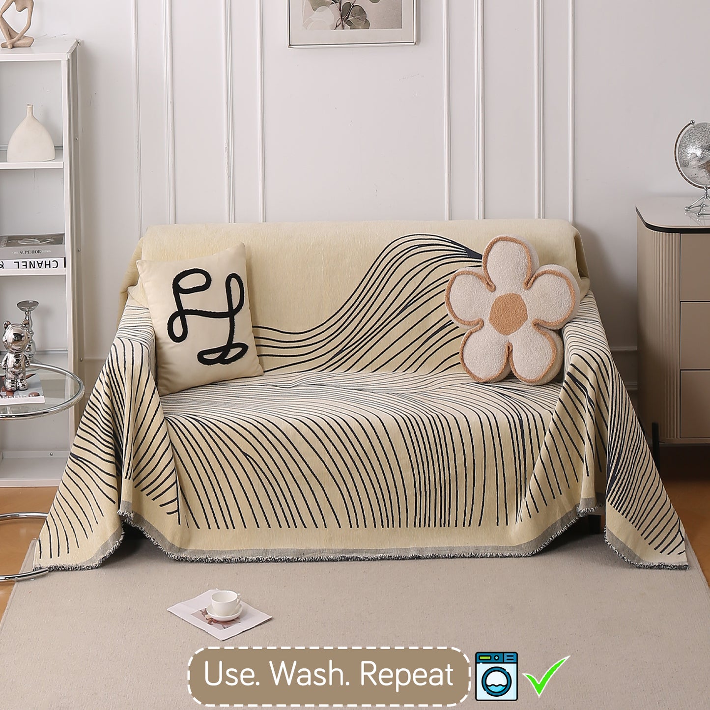 WaveLoom Collection Printed Chenille Sofa Cover Throw Blanket, Grey