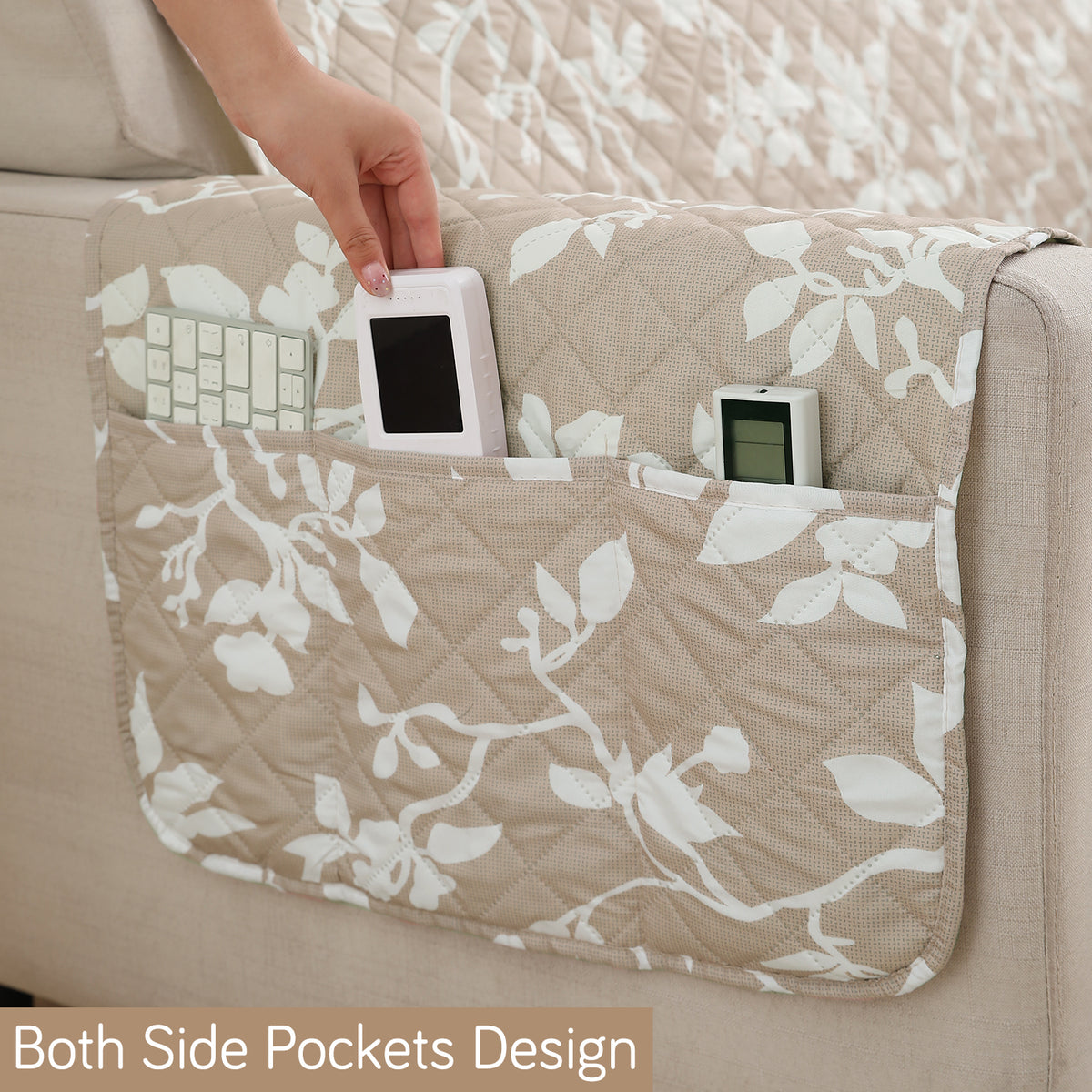 Waterproof & Quick-Dry Quilted Sofa Cover with Pockets on Armrest, Buff Brown Sillehoute Floral