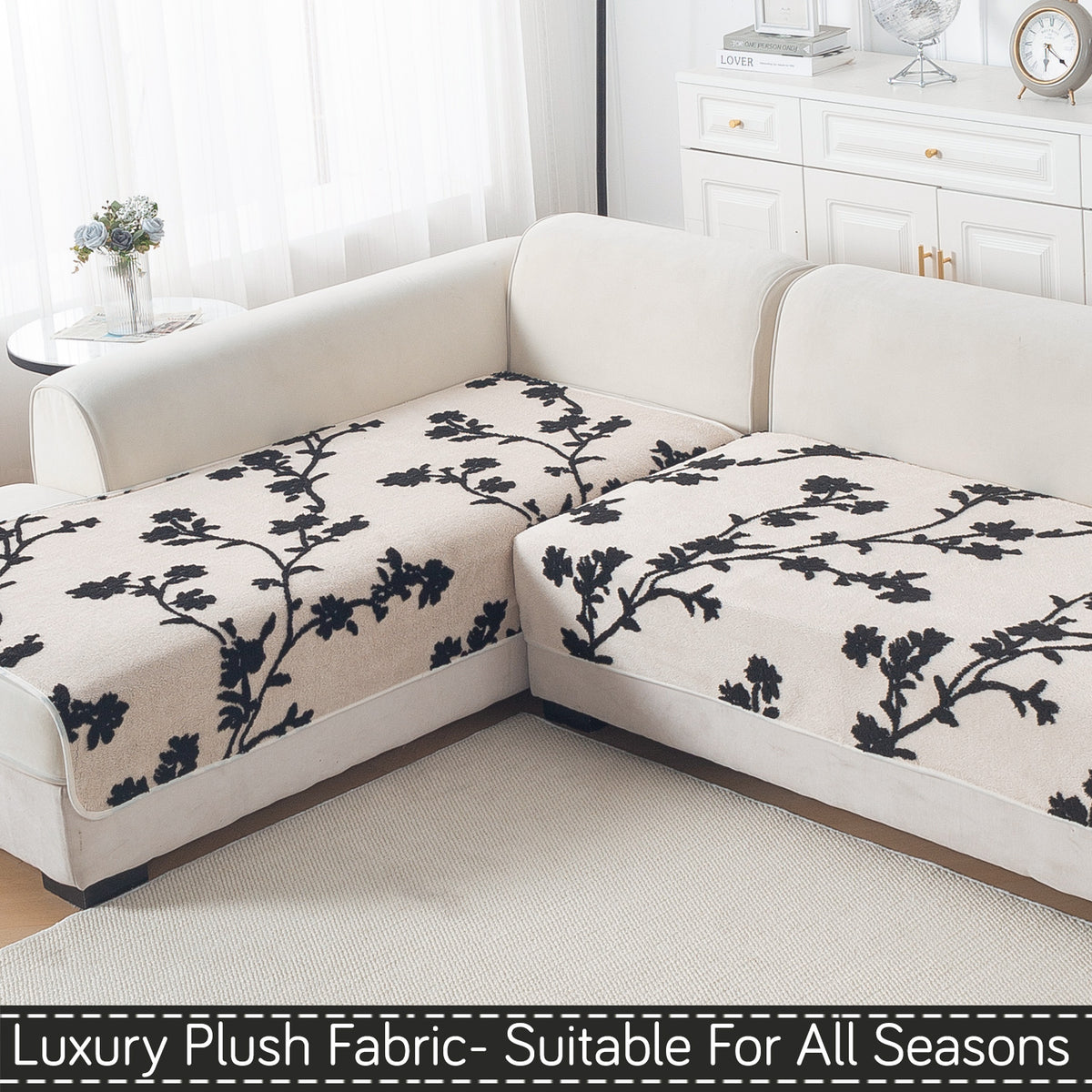 Luxury Plush Sherpa Anti Slip Combination Sofa Mat, 'Noirea Series'|Botanical Vine