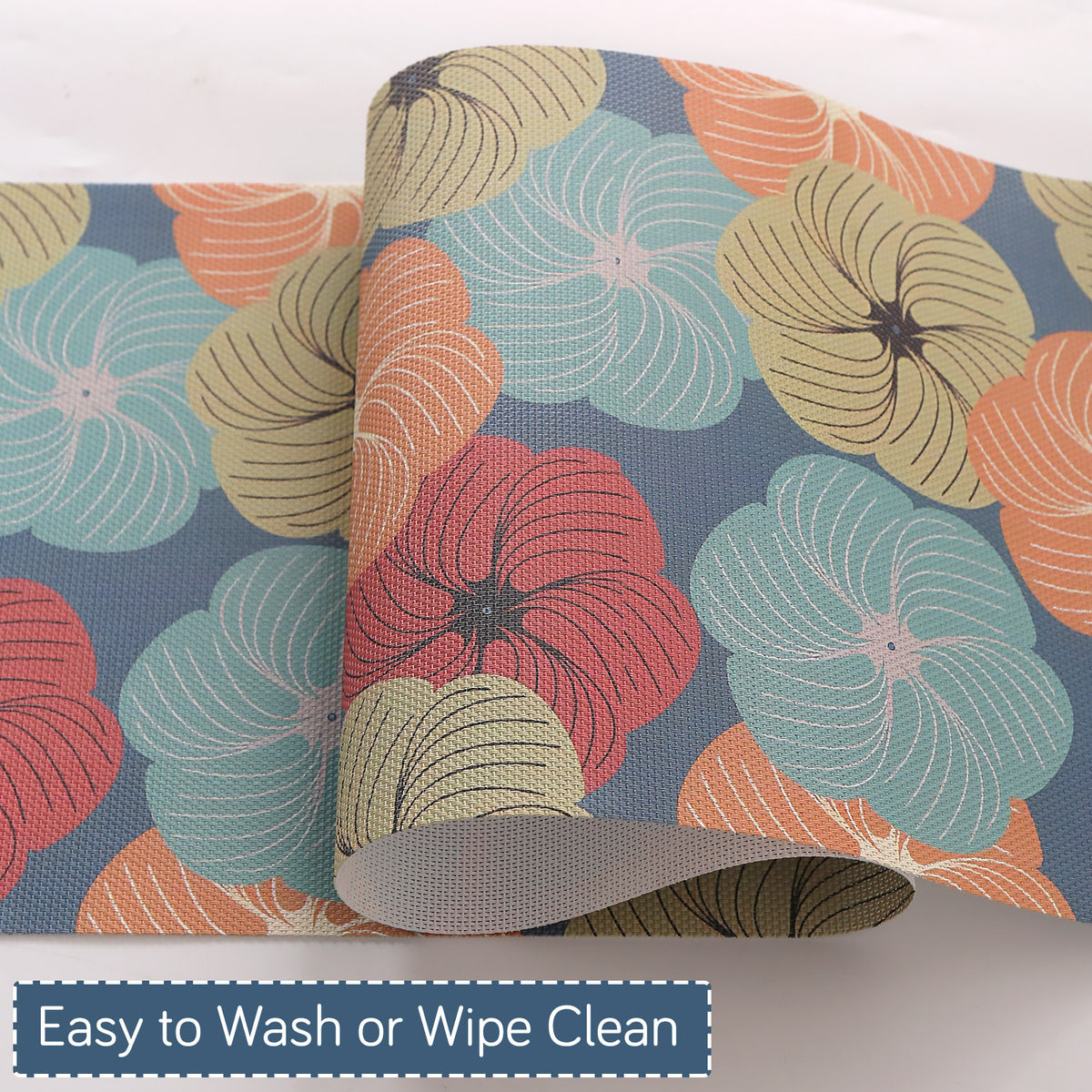Color Splash PVC Mats for Dining Table, Floral Wheel - Teal Blue