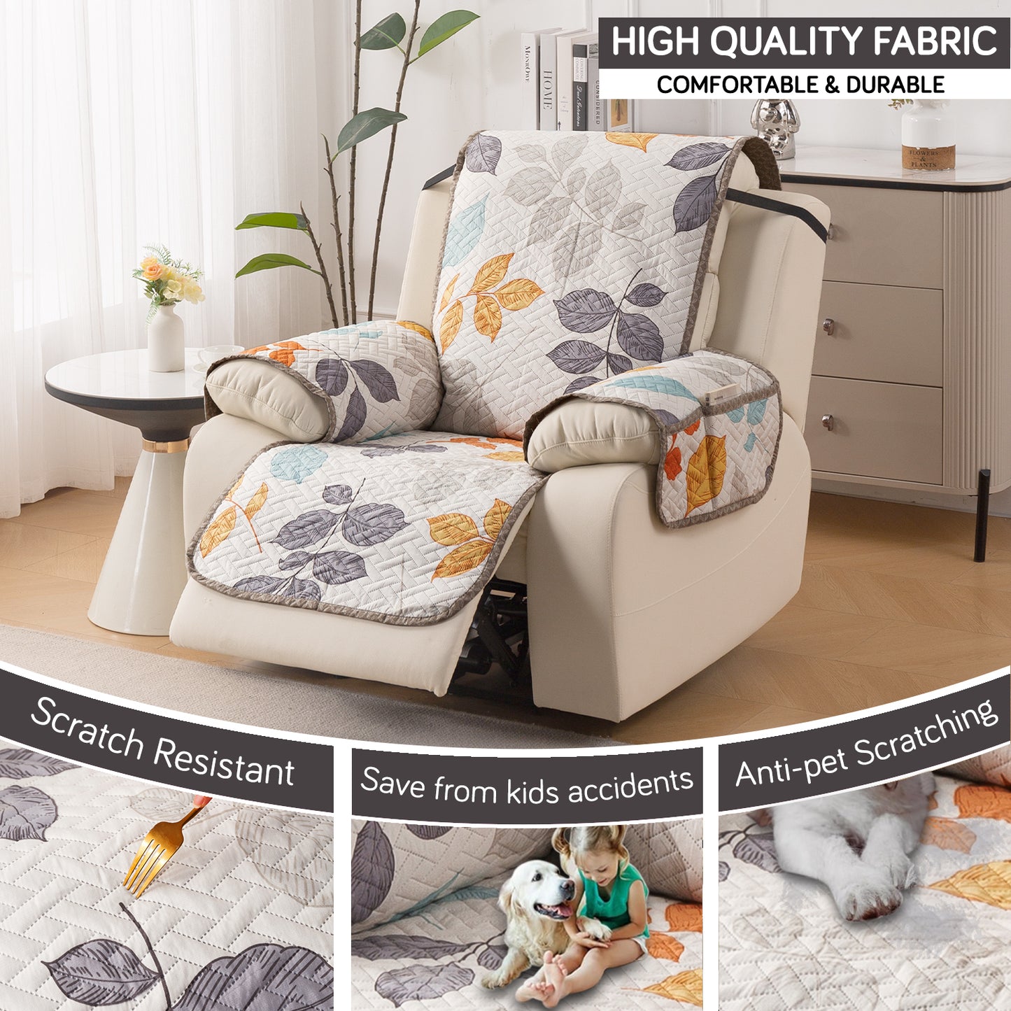 Quilted Cover for Recliner Sofa with SecureFit Belt & Side Pocket, Multicolor Leaves