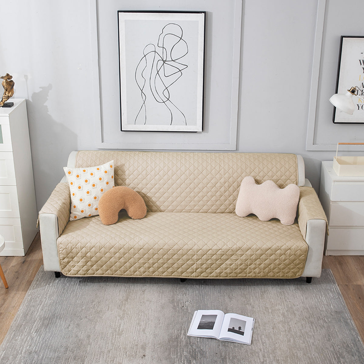 Beige quilted elegant 3 seater sofa cover