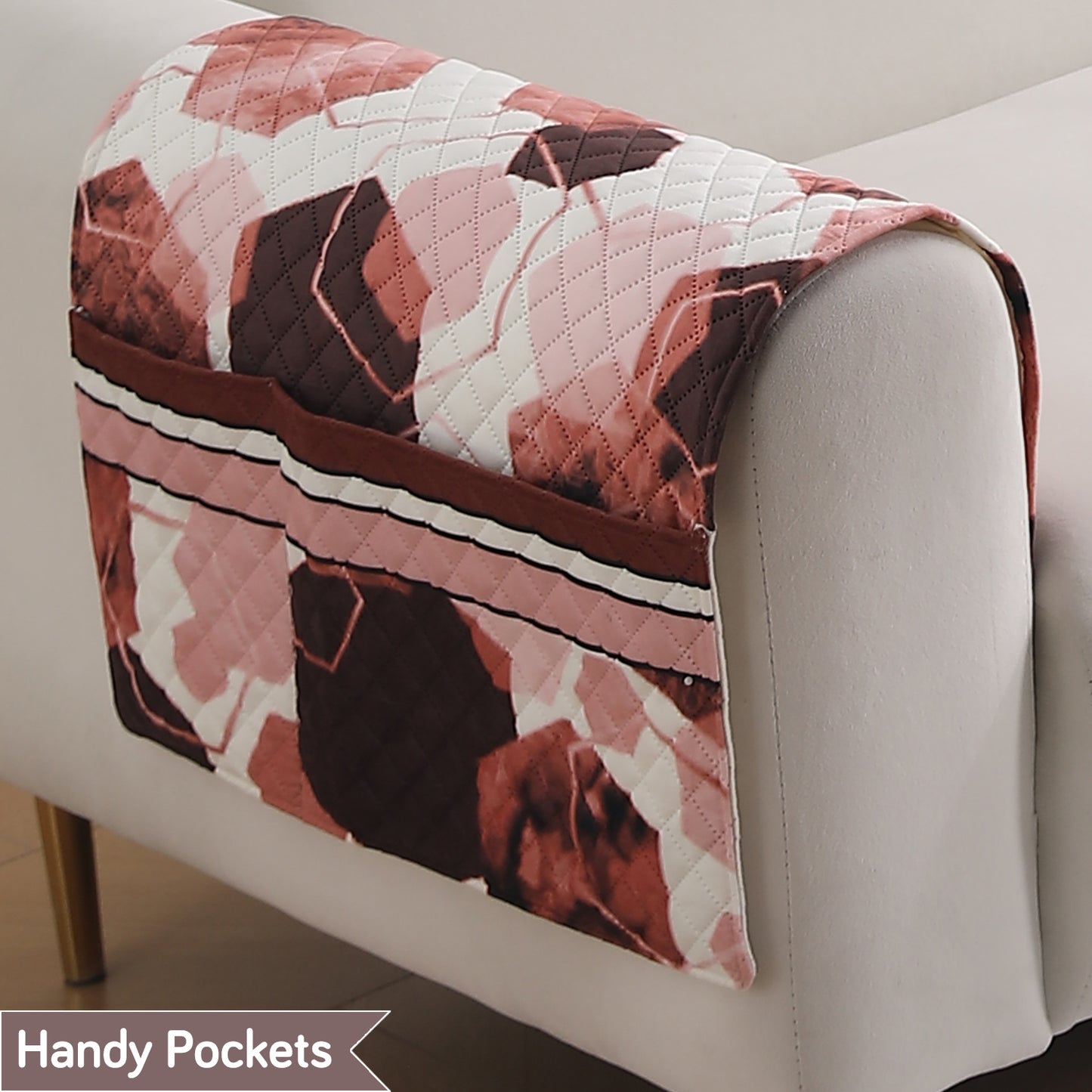 LiefNest Printed Holland Velvet Sofa Mat with Foam Filling - Geometric Hexagon Cider Red for 1/2/3 Seater & Armrest