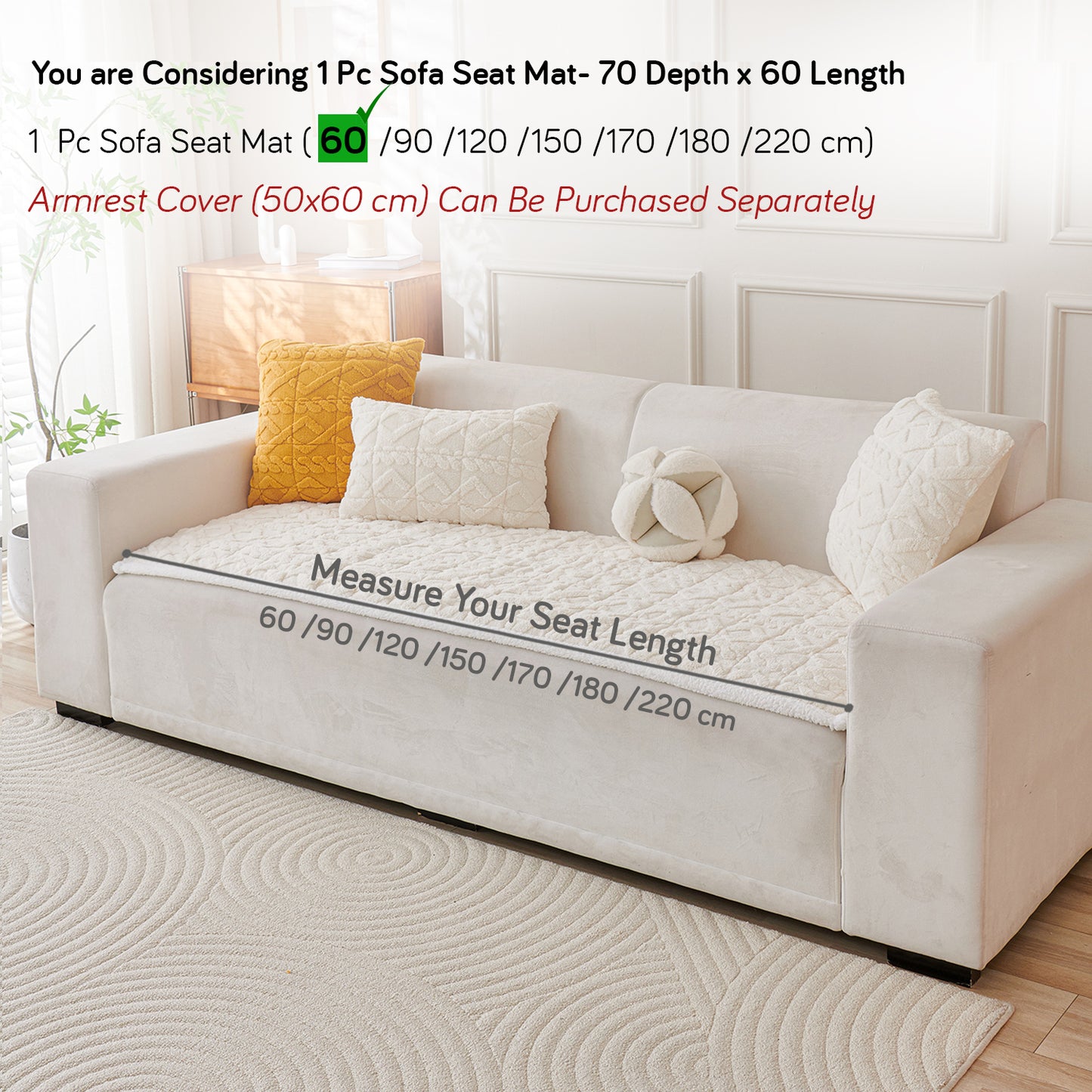 'Italian Caelora' Luxury Jacquard Plush Sofa Cover Mat and Anti-Slip Armrest Covers - Pearl Whit