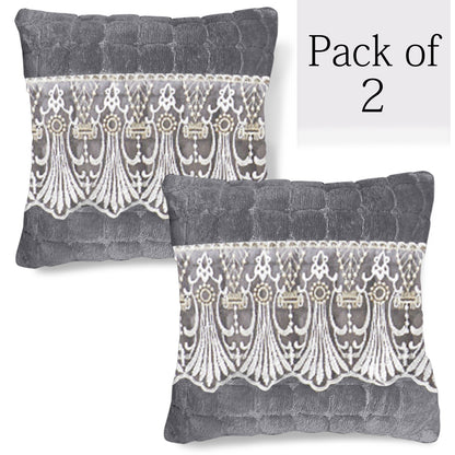 Premium Milk Velvet Sofa Cushion Cover with Lace Design, Porpoise Grey