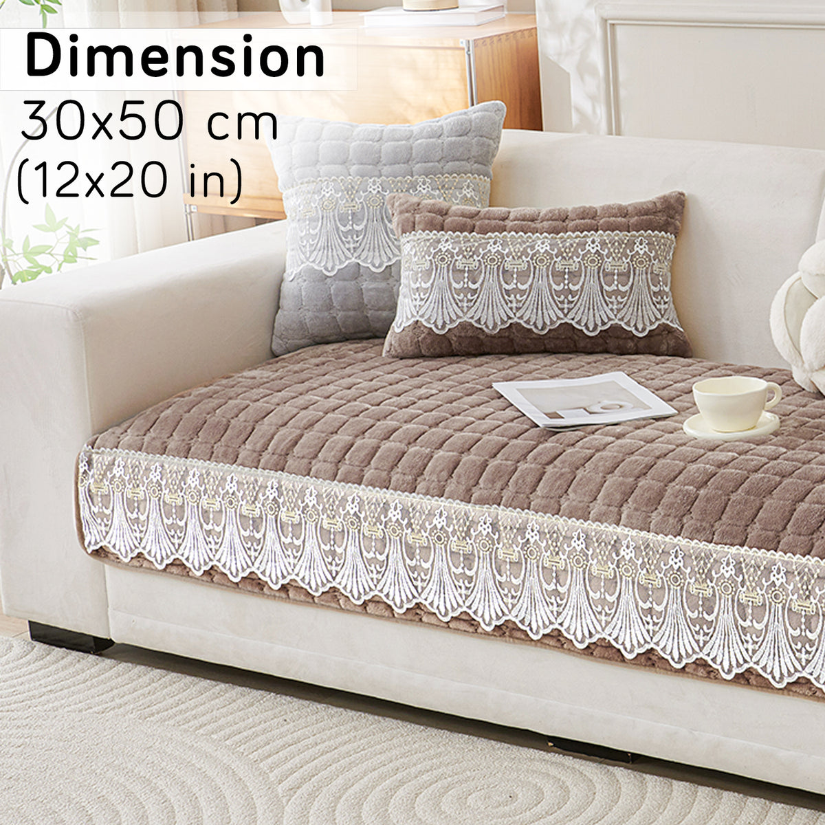 Premium Milk Velvet Sofa Cushion Cover with Lace Design, Mocha Brown