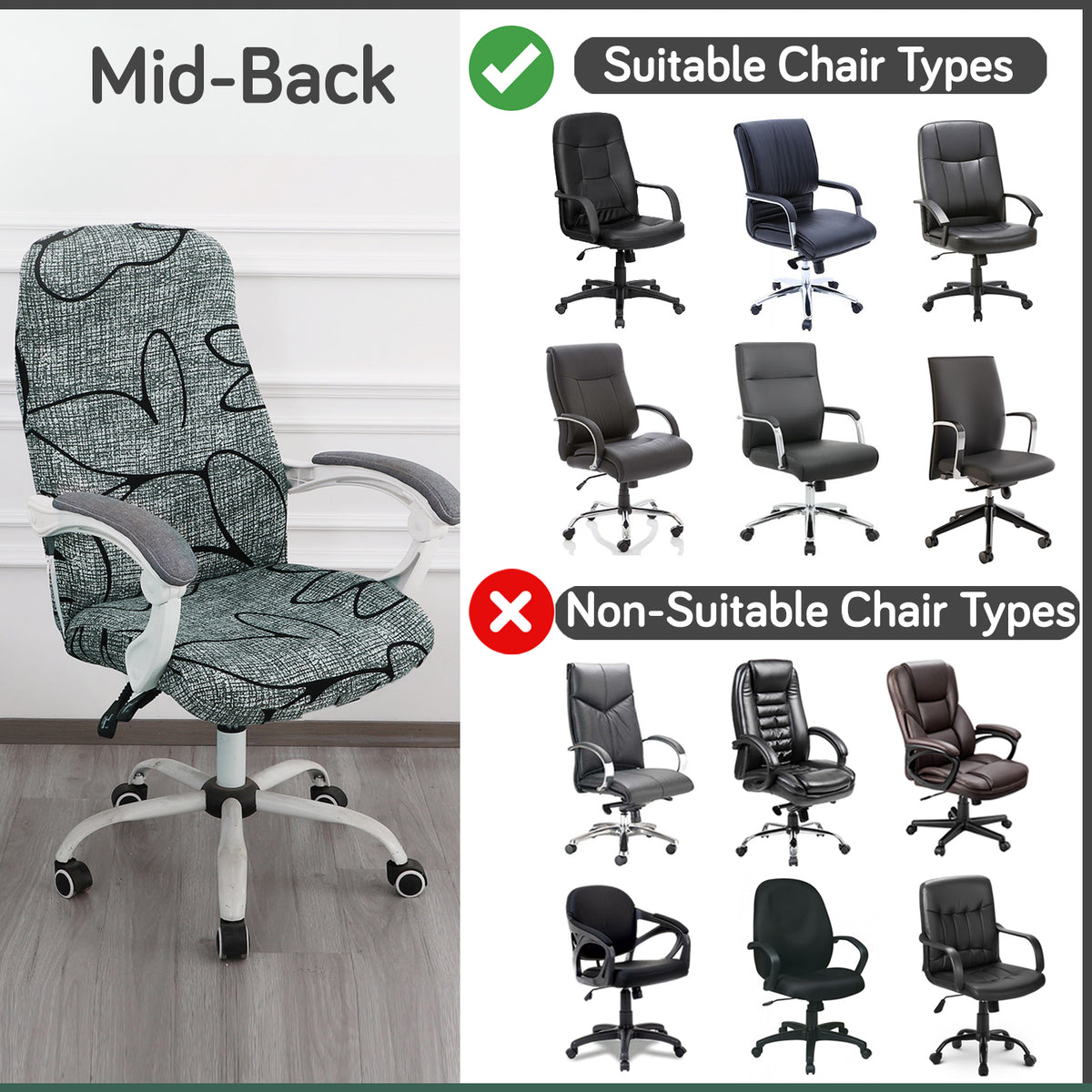 Printed Office Chair Cover for Desk Chair (Mid-Back) – 140 GSM Stretch Fabric – Washable & Anti-Slip – Fits Mid-Back Office Chairs, Intense Grey Abstract Floral - Medium
