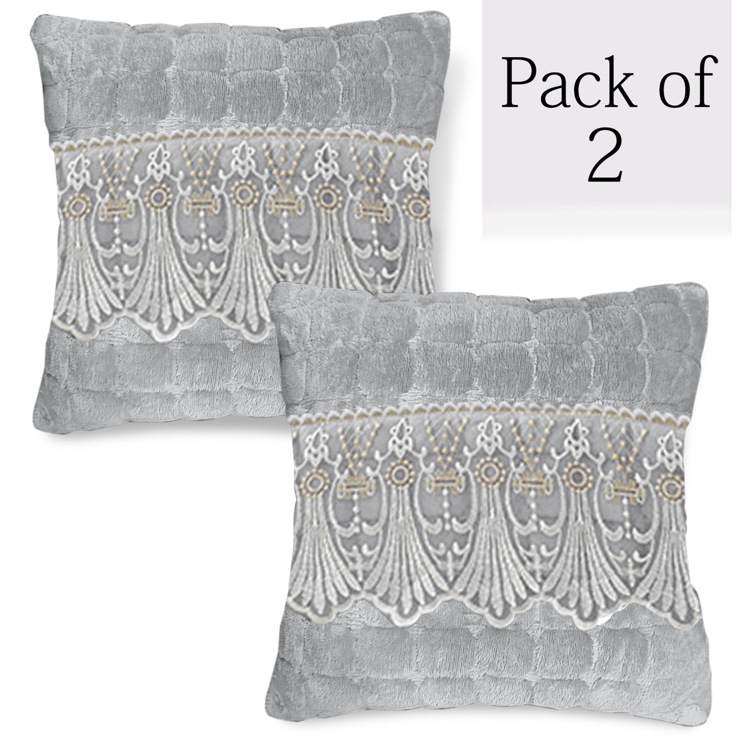 Premium Milk Velvet Sofa Cushion Cover with Lace Design, Cloud Grey