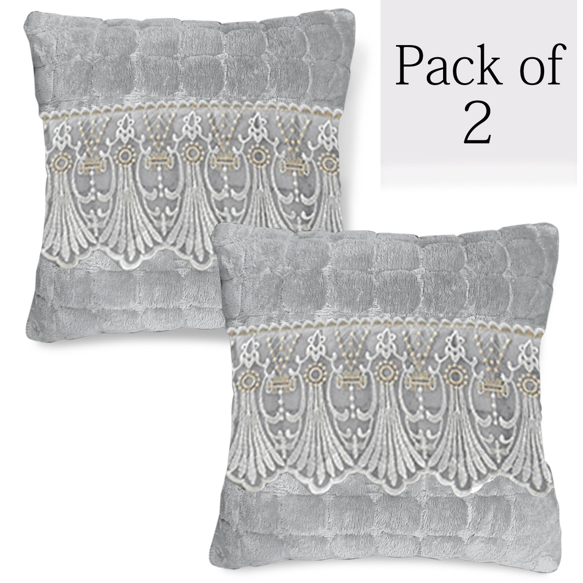Premium Milk Velvet Sofa Cushion Cover with Lace Design, Cloud Grey
