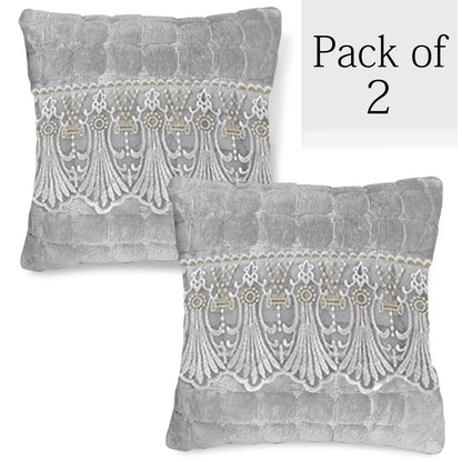 Premium Milk Velvet Sofa Cushion Cover with Lace Design, Cloud Grey
