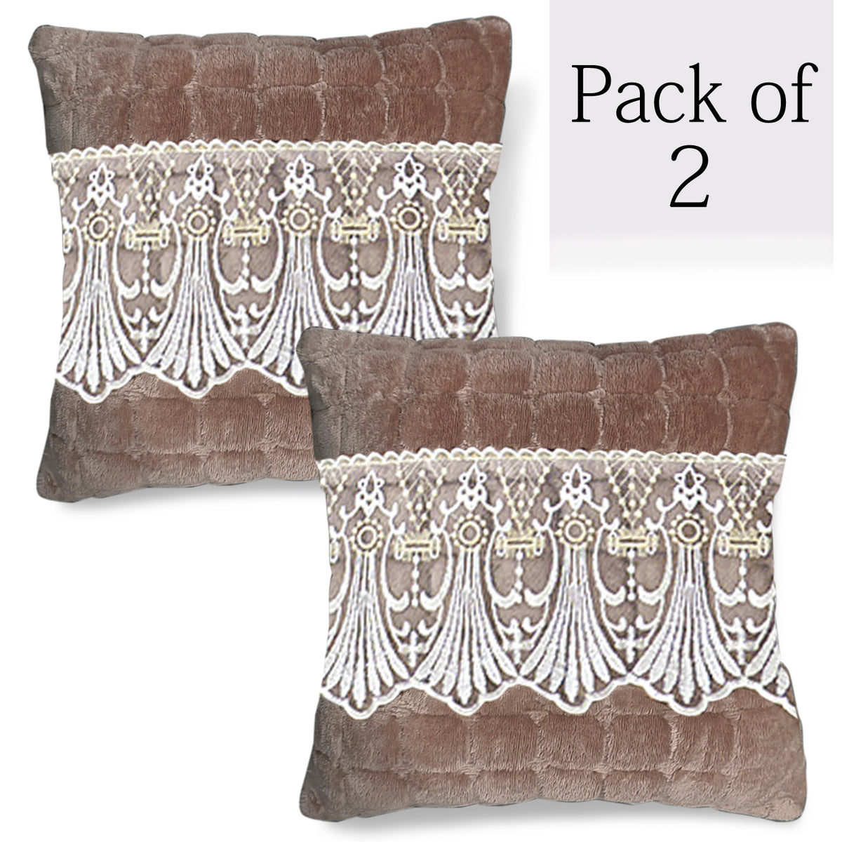 Premium Milk Velvet Sofa Cushion Cover with Lace Design, Mocha Brown