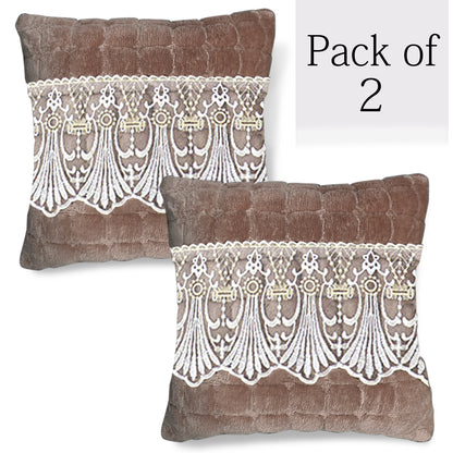 Premium Milk Velvet Sofa Cushion Cover with Lace Design, Mocha Brown