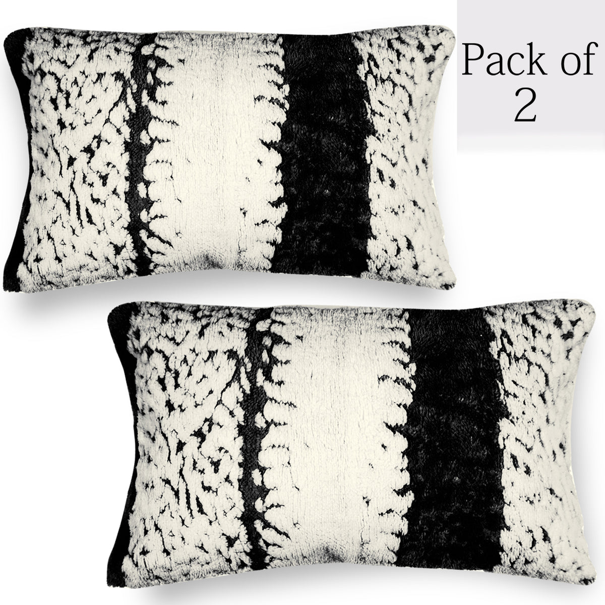 Luxury Wavy Plush Cushion Cover for Sofa - Black - Pack of 2