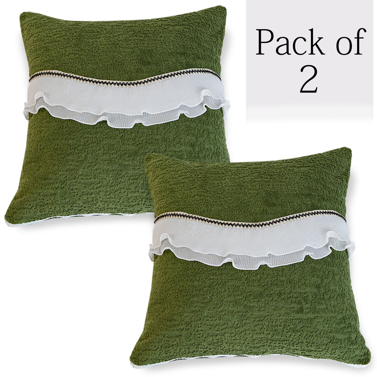 French Classic Frill Sofa Cushion Cover with Elegant Wavy Lace Design - Dark Olive Green