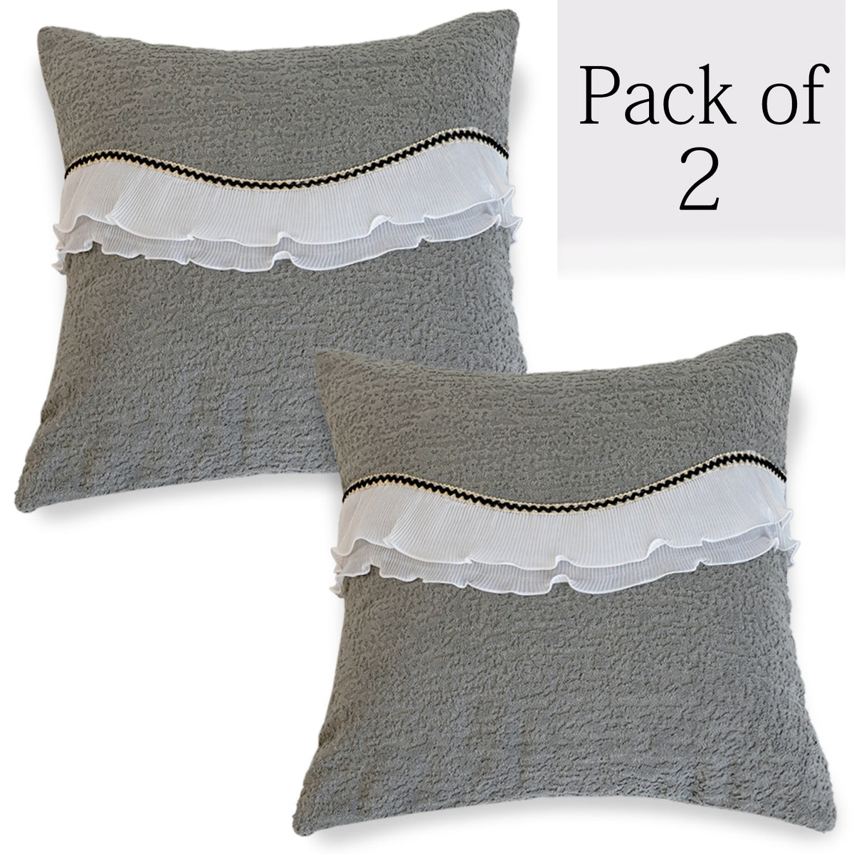 French Classic Frill Sofa Cushion Cover with Elegant Wavy Lace Design - Moonstone Grey
