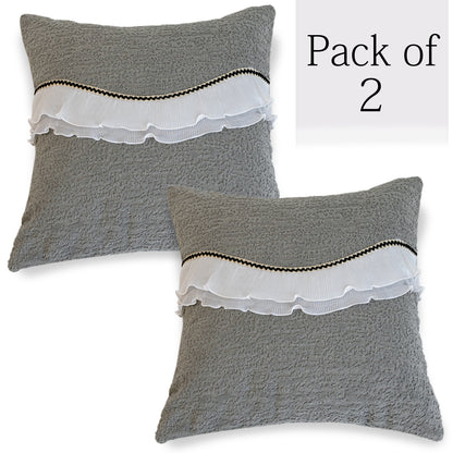 French Classic Frill Sofa Cushion Cover with Elegant Wavy Lace Design - Moonstone Grey