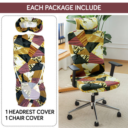 Printed Office Chair Cover with Headrest (High-Back) – 140 GSM Stretch Fabric – Washable, Anti-Slip Fit for Ergonomic Mesh Office Chairs, Wine Abstract Geometry