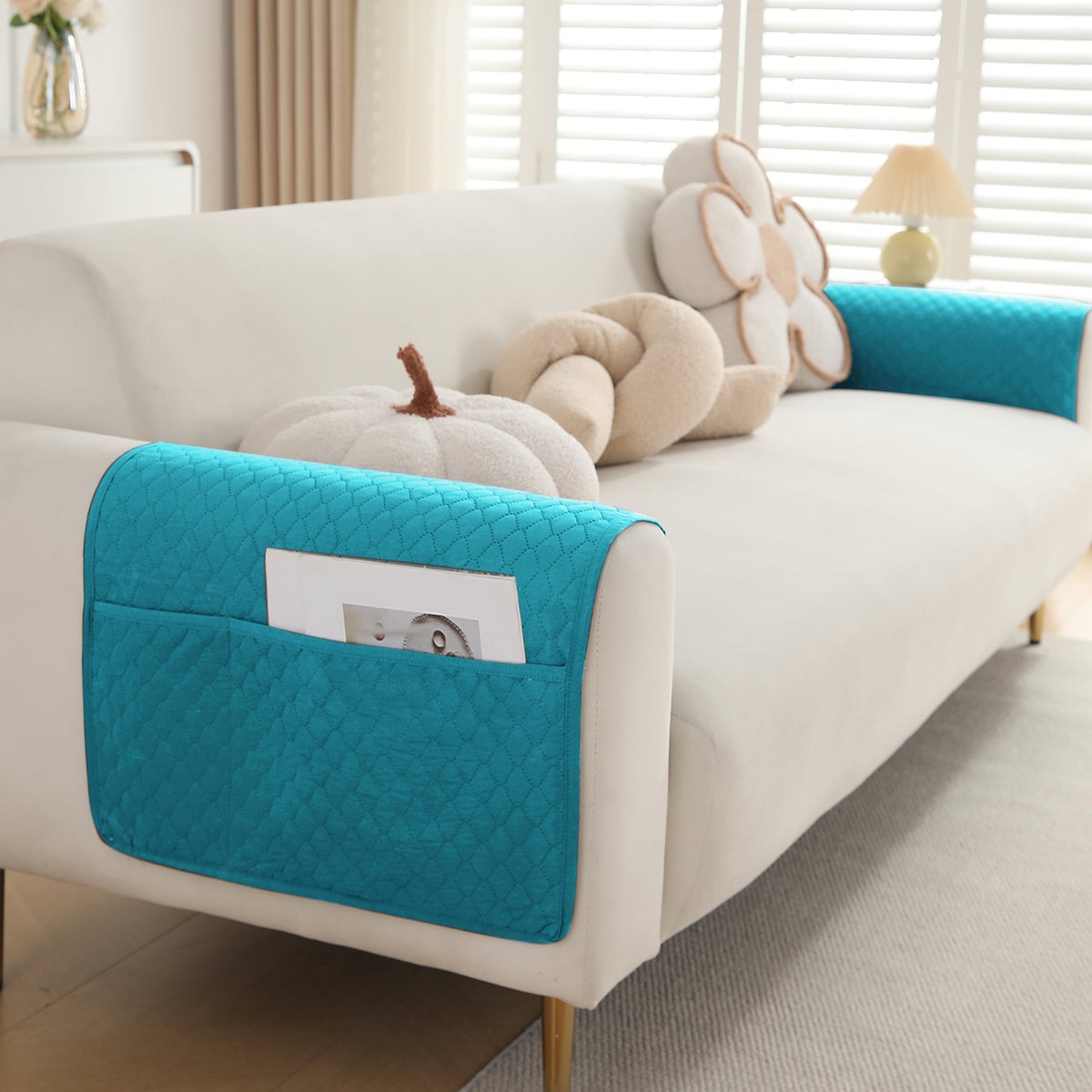 2 Pcs Quilted Sofa Armrest Cover, Teal