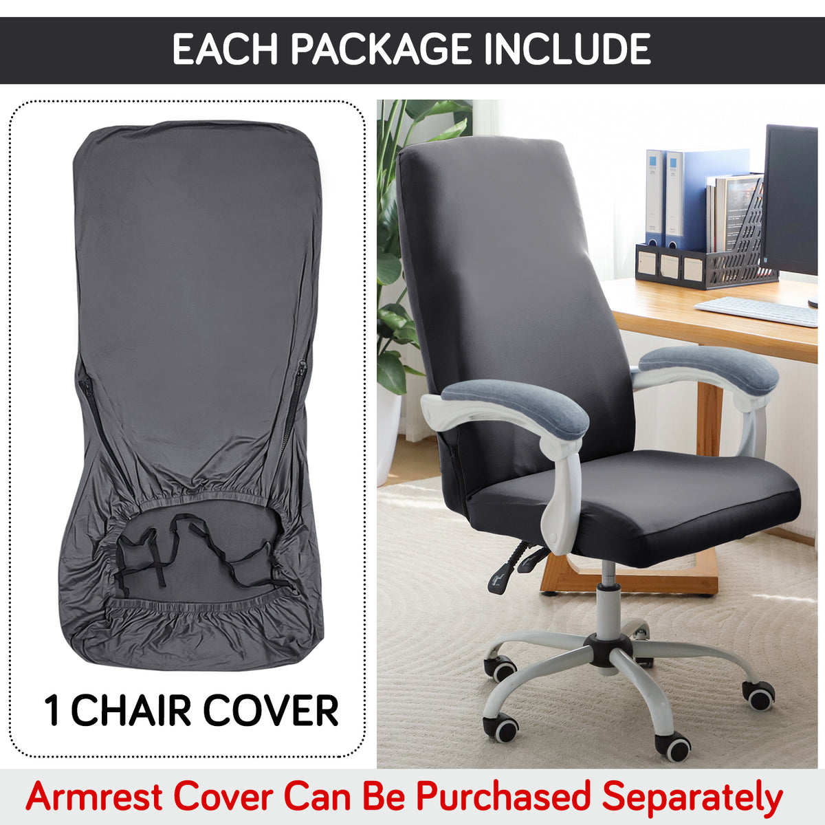 Office Chair Cover for Executive Chair (High-Back) – 140 GSM Stretch Fabric – Washable, Durable & Anti-Slip – Fits High-Back Office Chairs, Grey