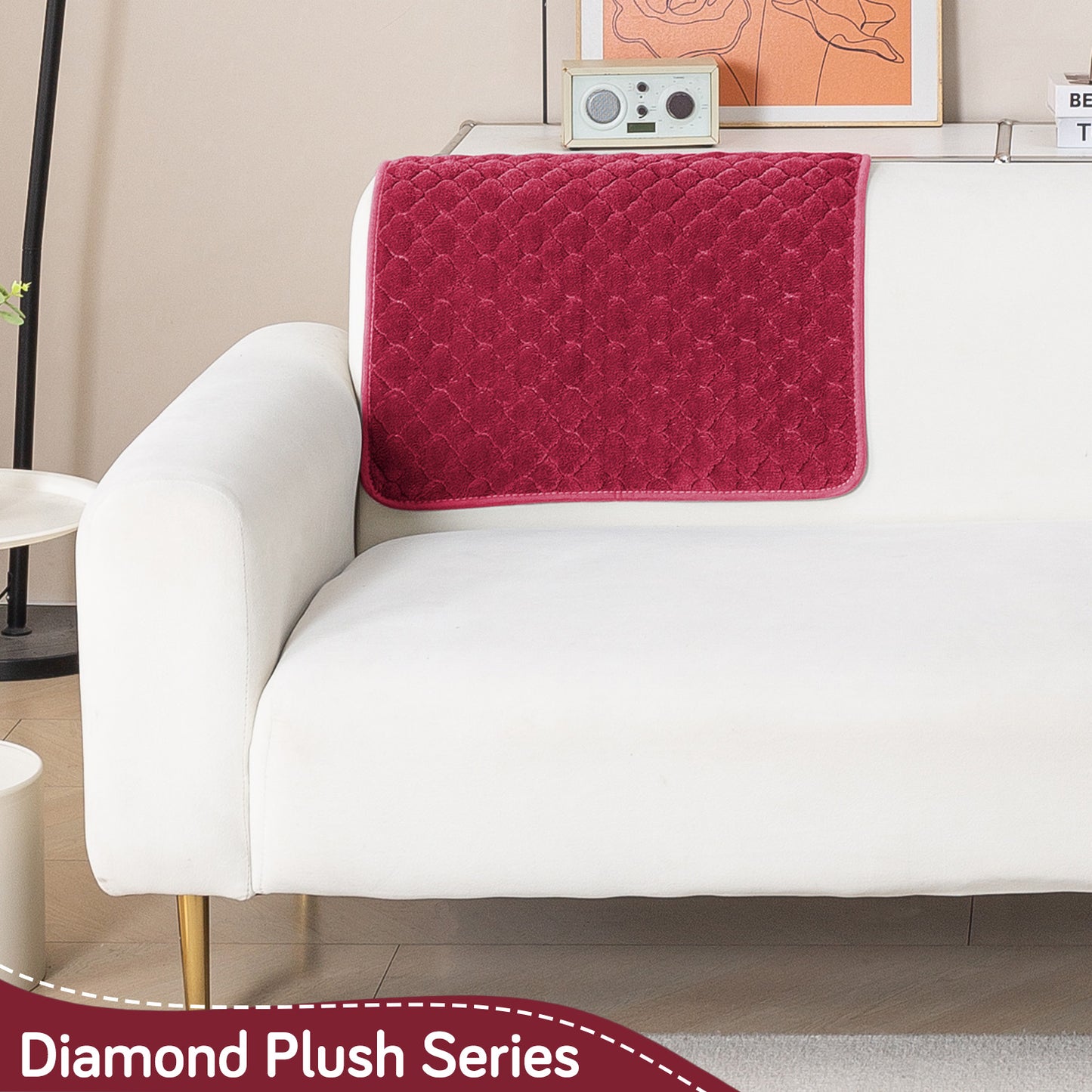 Diamond Plush Pebble Quilted Sofa Cover Mat, Wine