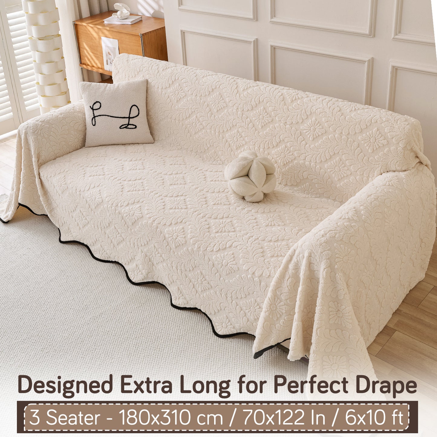 Buy Light Cream Colour Wavy Petal Crest Series Plush Sofa Throw – 3 Seater Sofas | HOKIPO
