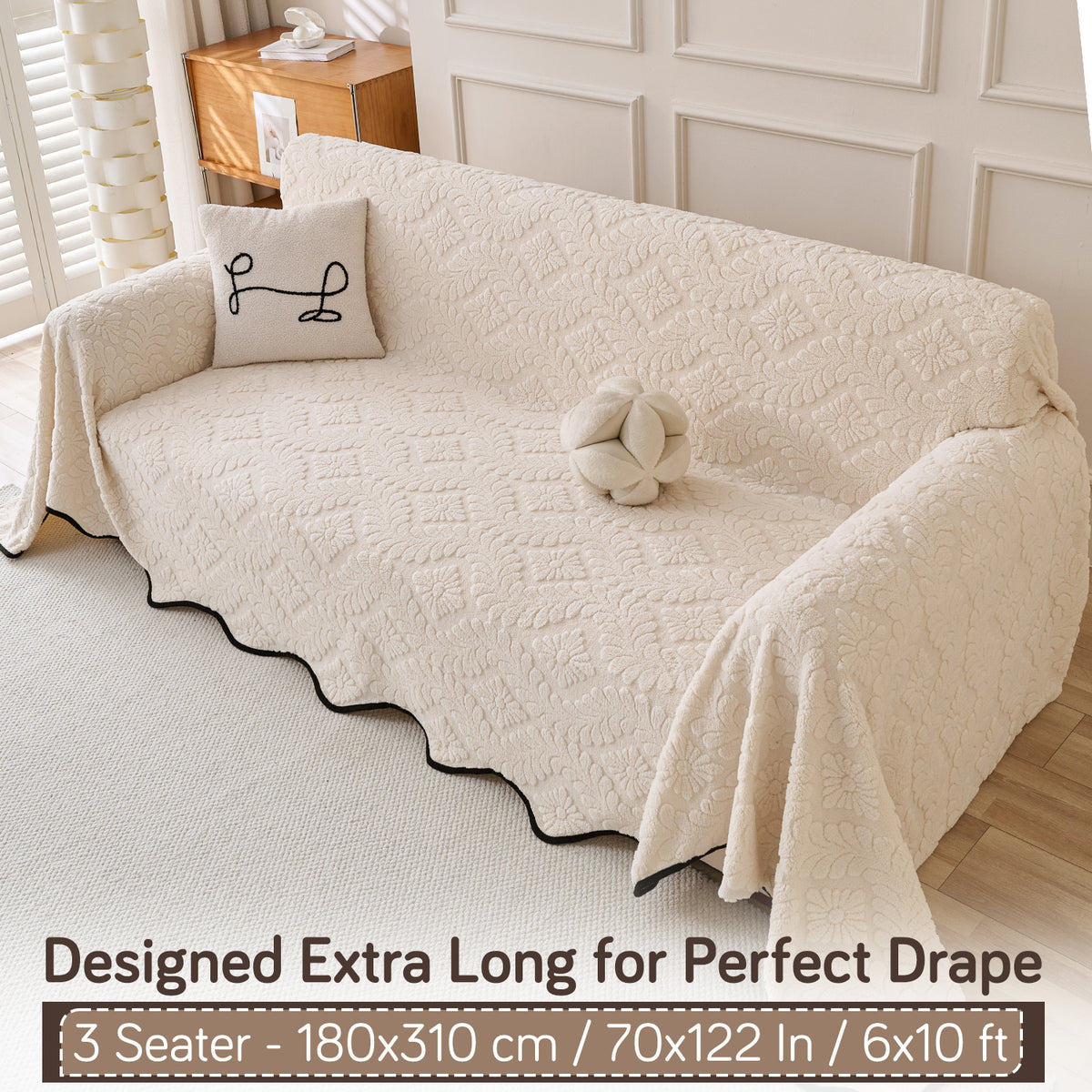 Buy Light Cream Colour Wavy Petal Crest Series Plush Sofa Throw – 3 Seater Sofas | HOKIPO