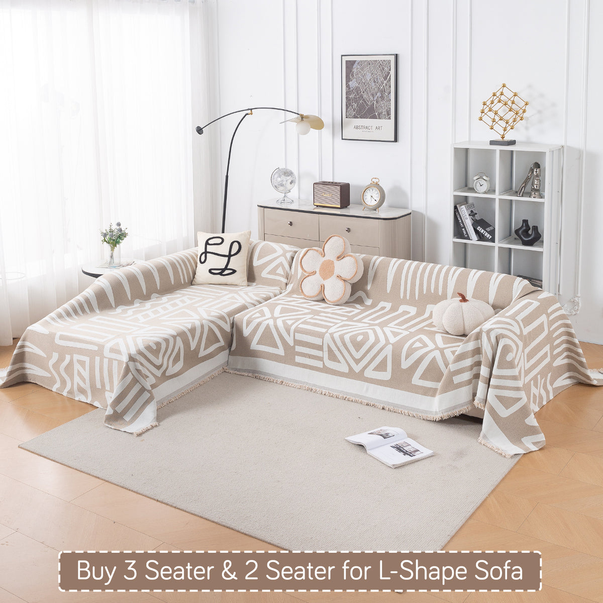 Buy Beige Colour Urban Tribe Chenille L-Shape Sofa Throw | HOKIPO