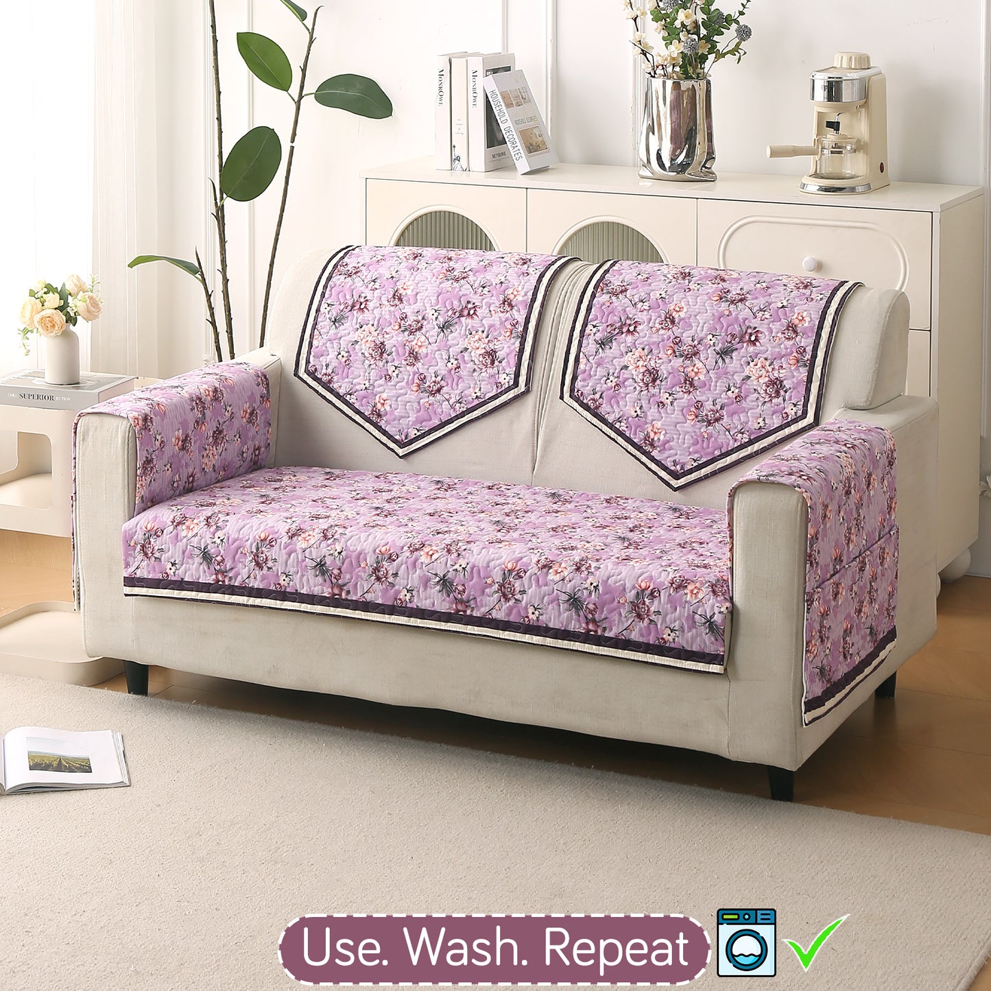 Florentina Series Printed Holland Velvet Sofa Mat - Peony Lavender