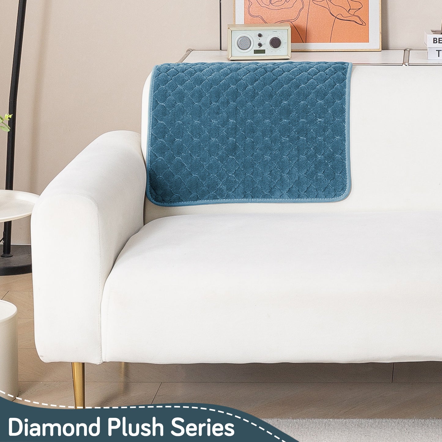 Diamond Plush Pebble Quilted Sofa Cover Mat, Blue