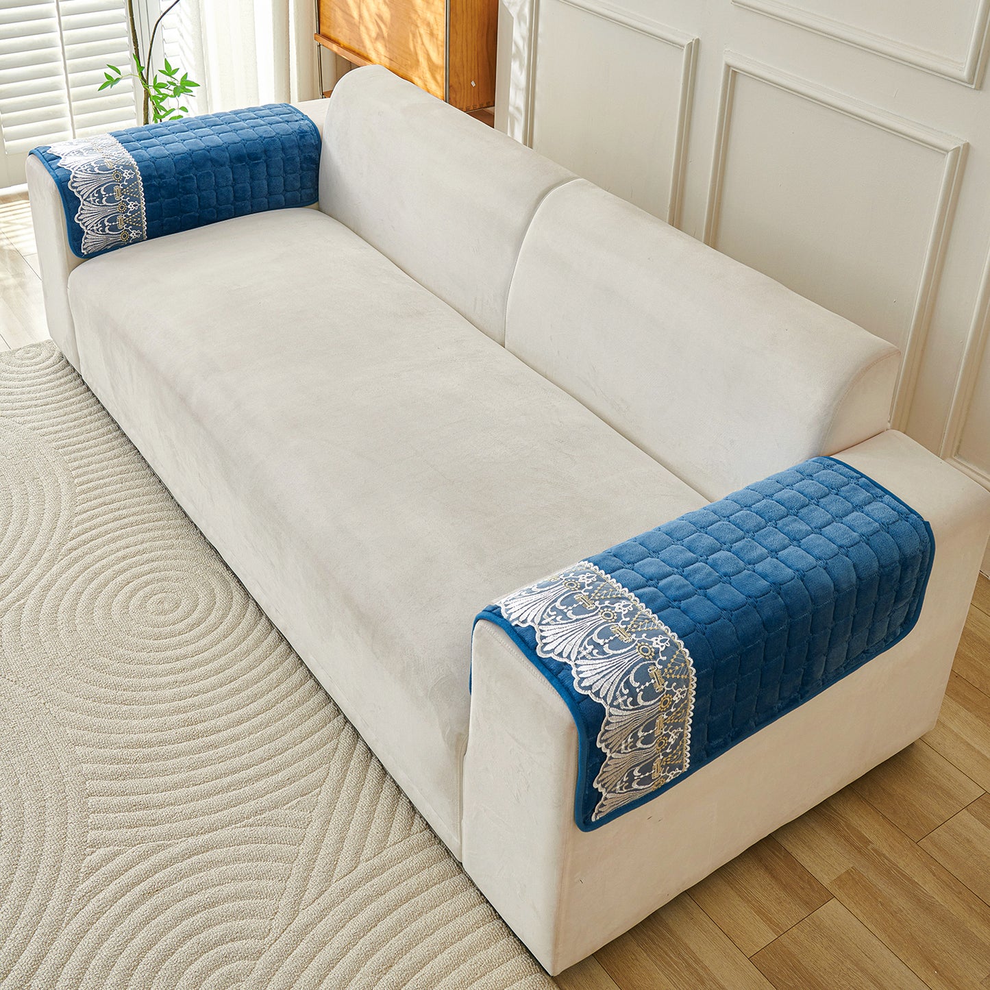 BelleLace Series Imperial Milk Velvet Sofa Cover Mat with Lace Design - Celdaon Blue