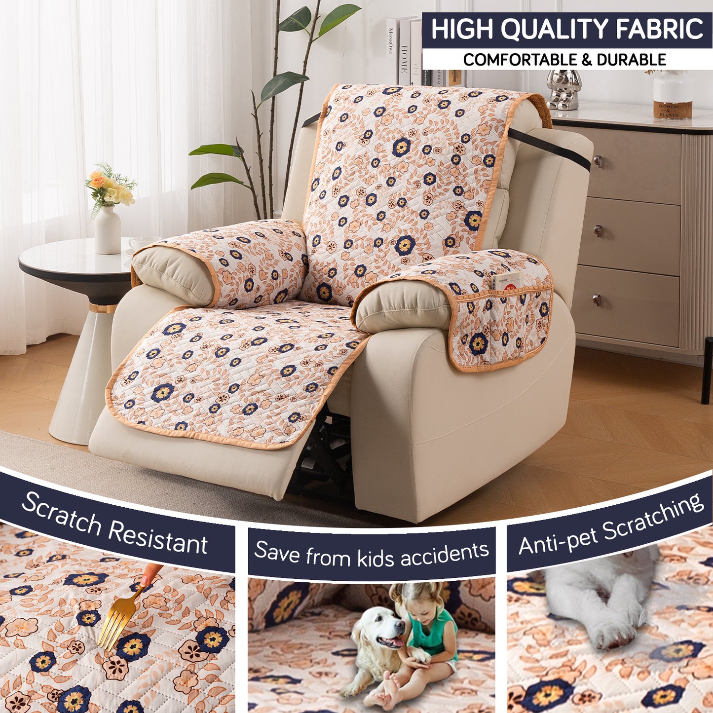 Quilted Cover for Recliner Sofa with SecureFit Belt & Side Pocket, Light Peach Candytuft