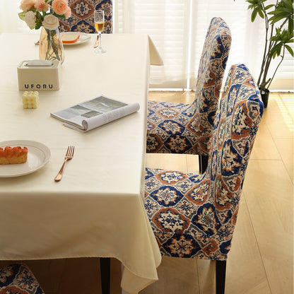 Premium Printed Velvet Dining Chair Cover Set, Indigo Moroccan Charm