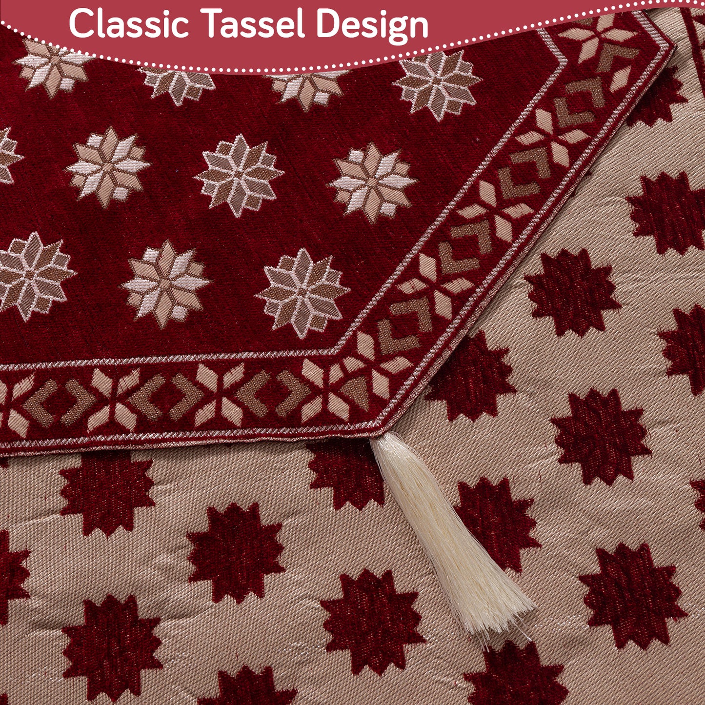 Heritage Weave Premium Jacquard Sofa Cover Set with Tassels -  Crimson Red