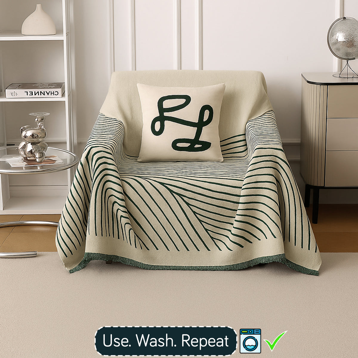 Buy Peacock Green Colour WaveLoom Chenille Single Seater Sofa Throw | HOKIPO