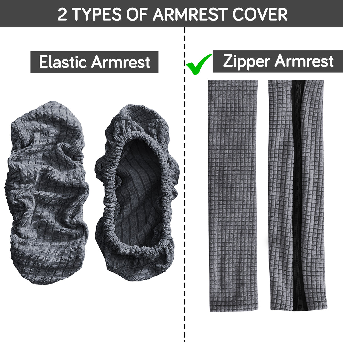 210gsm Jacquard Water Repellent Armrest Covers for Office Chair (Zipper Style), 1 Pair, Dark Grey
