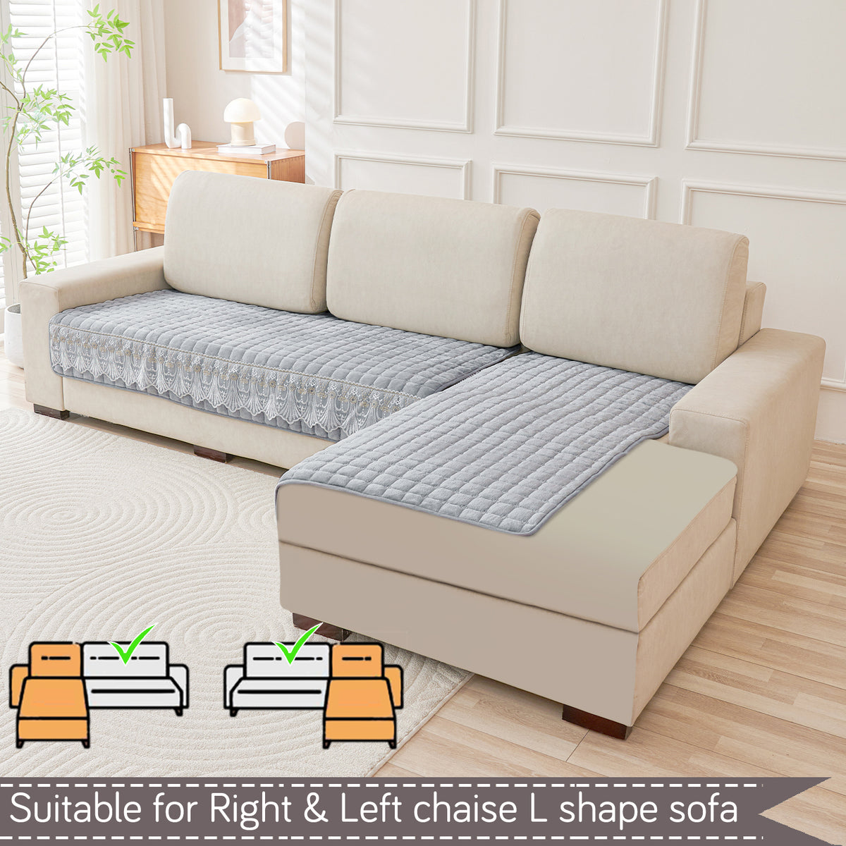 BelleLace Series Imperial Milk Velvet L Shape Sofa Cover Mat with Lace Design - Cloud Grey